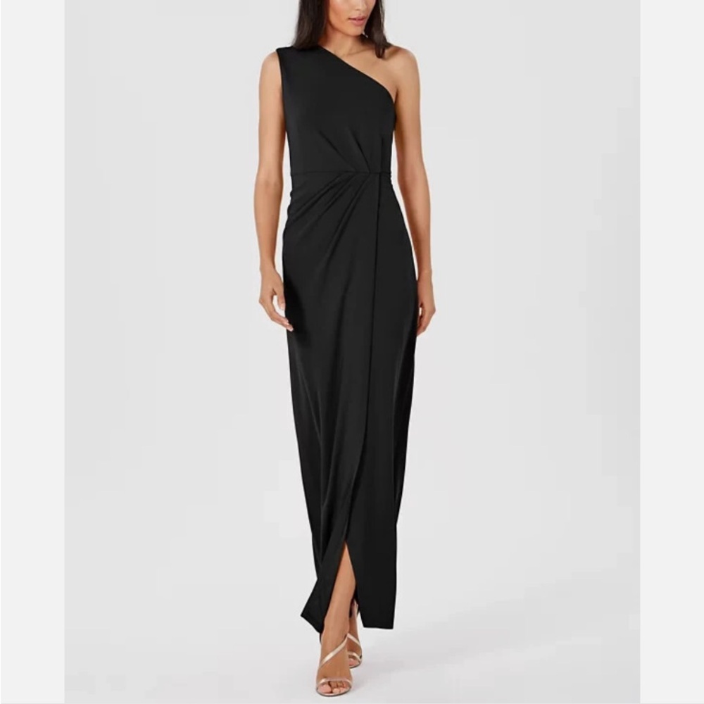 Calvin Klein Draped One-Shoulder  Black Evening Gown‎ Size 16